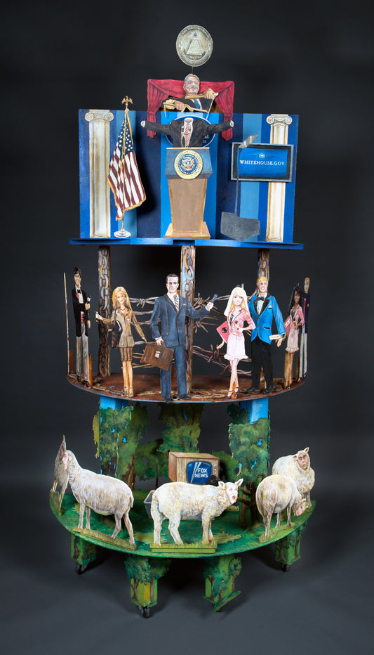 The Government/Media Complex, 2014, oil on masonite assemblage, 7.5 x 4 x 3 in. / 19.05 x 10.16 x 7.62 cm.