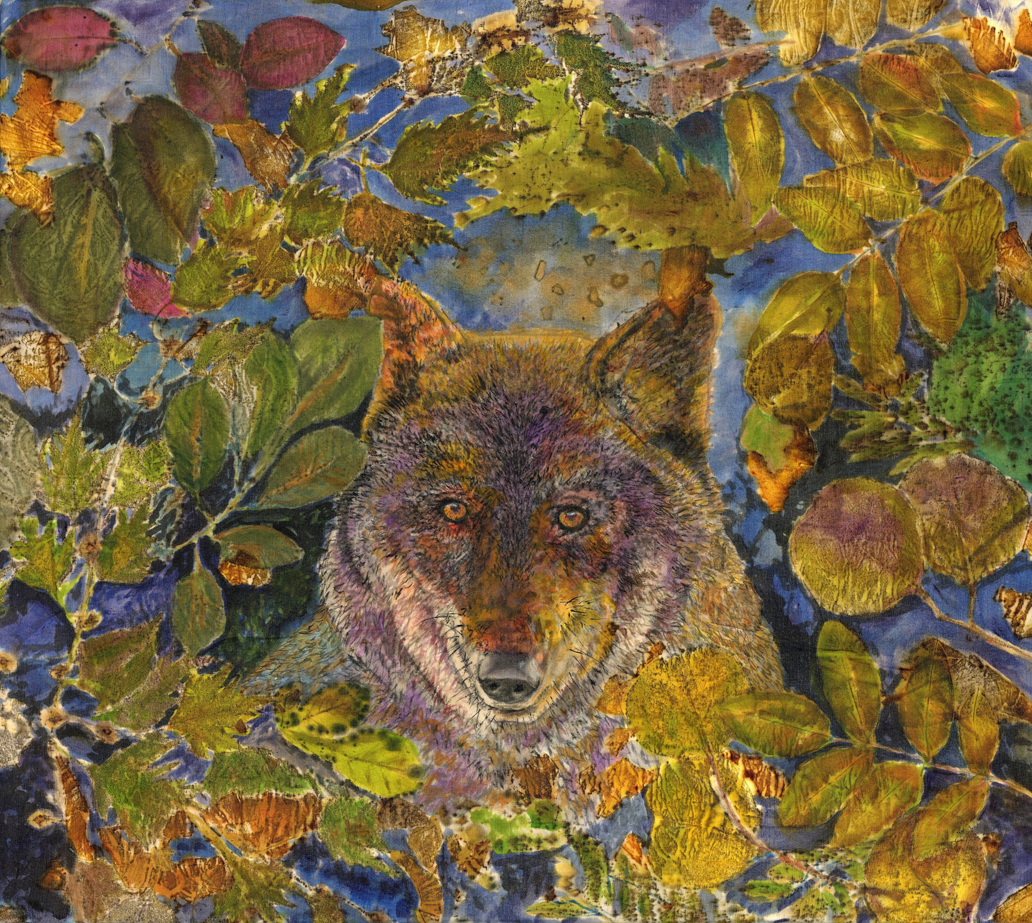 Spirit Guide, 2025, eco-printed foliage and dye on silk, 20 x 20 in. / 50.8 x 50.8 cm.