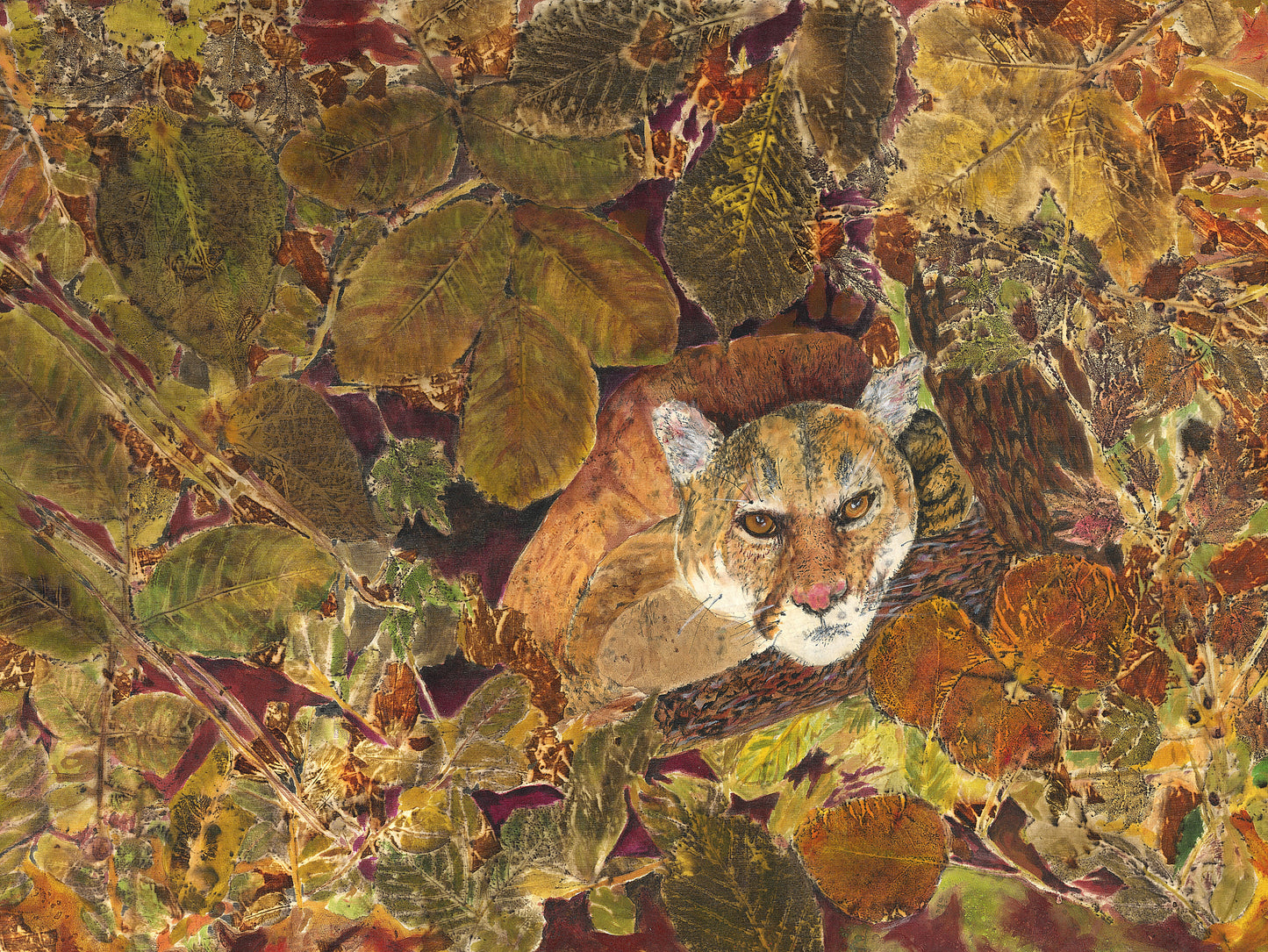 Power and Grace, 2025, eco-printed foliage and acrylic on silk, 24 x 18 in. / 60.96 x 45.72 cm.