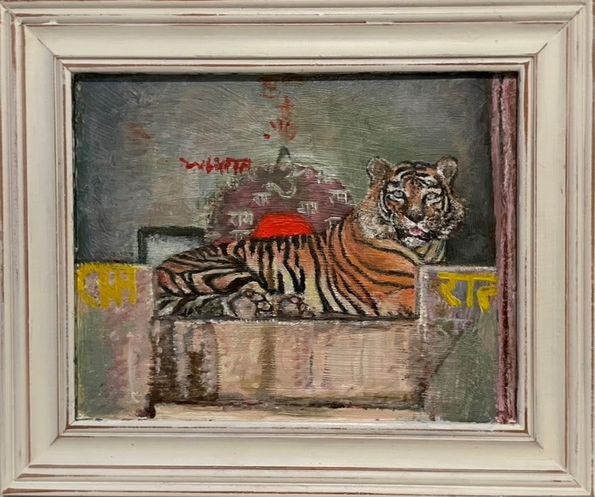 T-42 / Fateh of Ranthambhore, 2023, oil on framed glass, 8 x 10 in. / 20.32 x 25.4 cm.