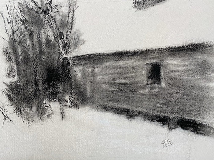 Winter Shed, 2021, charcoal & chalk on watercolor paper, 12 x 16 in. / 30.48 x 40.64 cm.