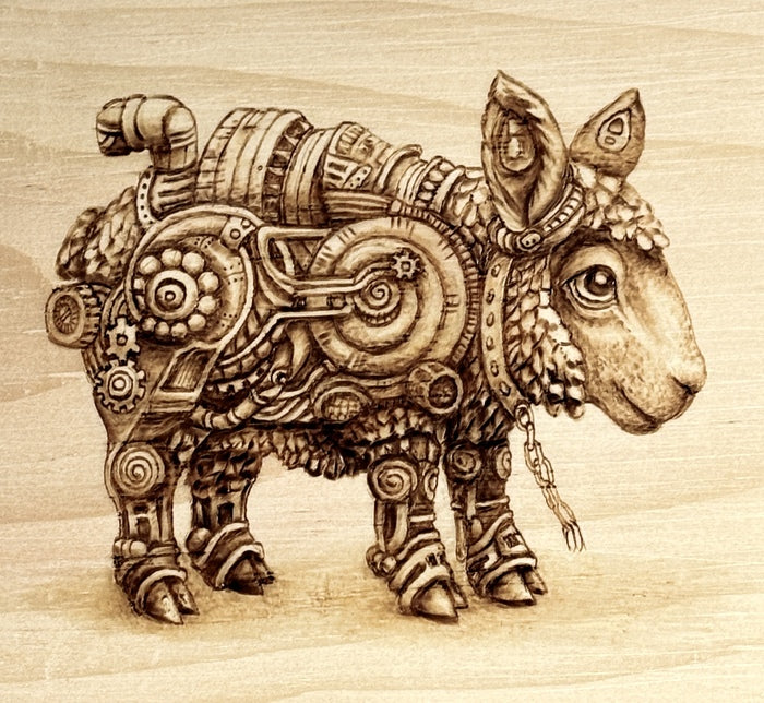 Black Sheep, 2024, heat pen drawing, 5.5 x 6.5 in. / 13.97 x 16.51 cm.