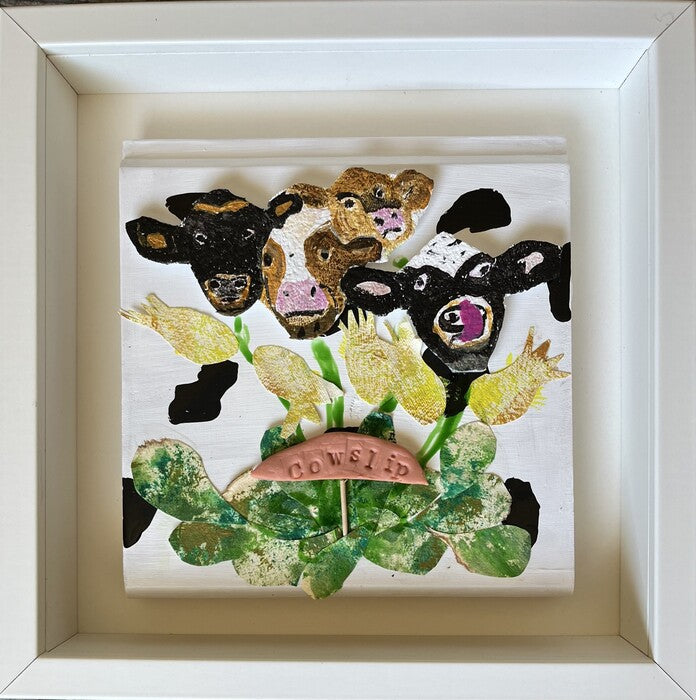 Cowslip, 2024, multi-dimensional collage in shadowbox, 9 x 9 in. / 22.86 x 22.86 cm.