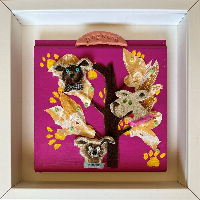 Dogwood, 2024, multi-dimensional collage in shadowbox, 9 x 9 in. / 22.86 x 22.86 cm.