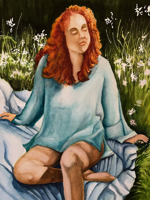 Girl on Blanket, 2023, watercolor, 15 x 22 in. / 38.1 x 55.88 cm.