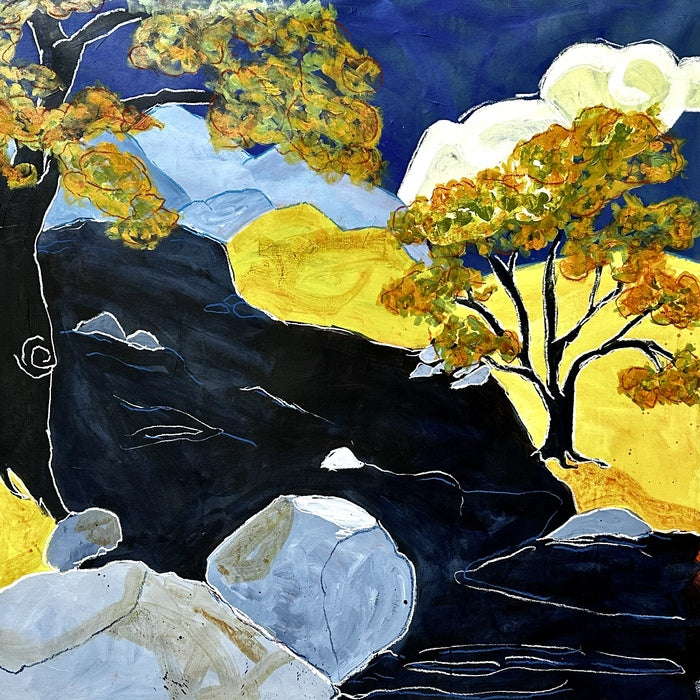 Kaweah River, Sierra Foothills, 2024, acrylic and oil on canvas, 54 x 54 in. / 137.16 x 137.16 cm.