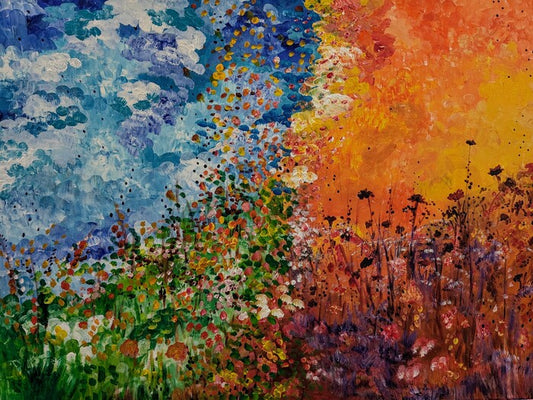 Fire and Rain, 2024, acrylic, 30 x 40 in. / 76.2 x 101.6 cm.