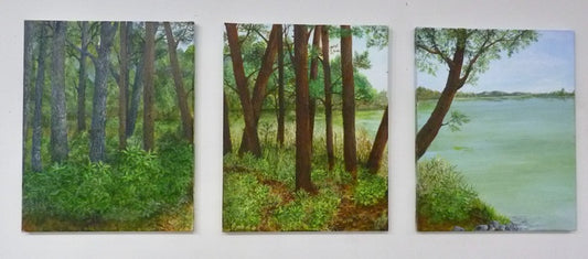 Triptyck Davis Lake, 2024, acrylic on canvas, 19 x 48 in. / 48.26 x 121.92 cm.