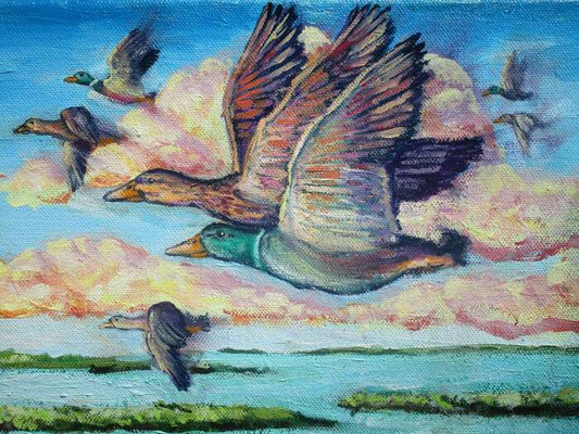 Mallard and Drake Over Duck, NC, 2024, oil on canvas, 8 x 10 in. / 20.32 x 25.4 cm.