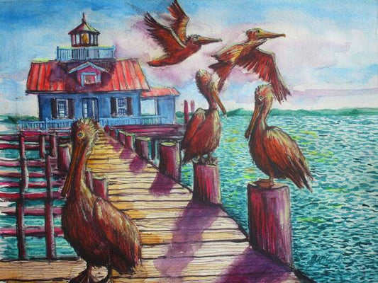 Pelicans at Manteo Lighthouse, Manteo, NC, 2024, watercolor on paper, 14 x 11 in. / 35.56 x 27.94 cm.