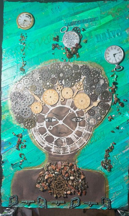 Fragmented Time, 2025, mixed media, 10 x 17 in. / 25.4 x 43.18 cm.