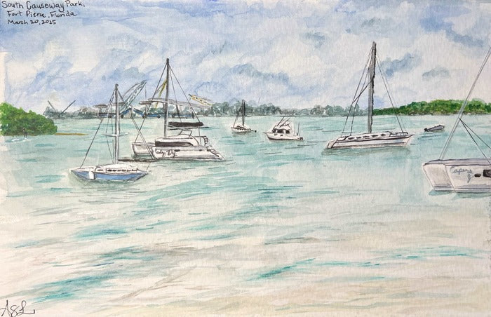 Sails & Cranes: a Bridge in Time, 2025, watercolor, 5.5 x 8.5 in. / 13.97 x 21.59 cm.