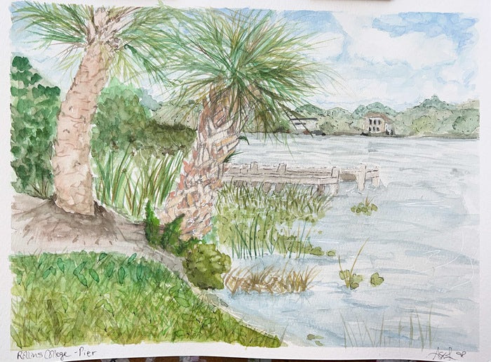 The Pier at Rollins College, 2023, watercolor, 9 x 6 in. / 22.86 x 15.24 cm.