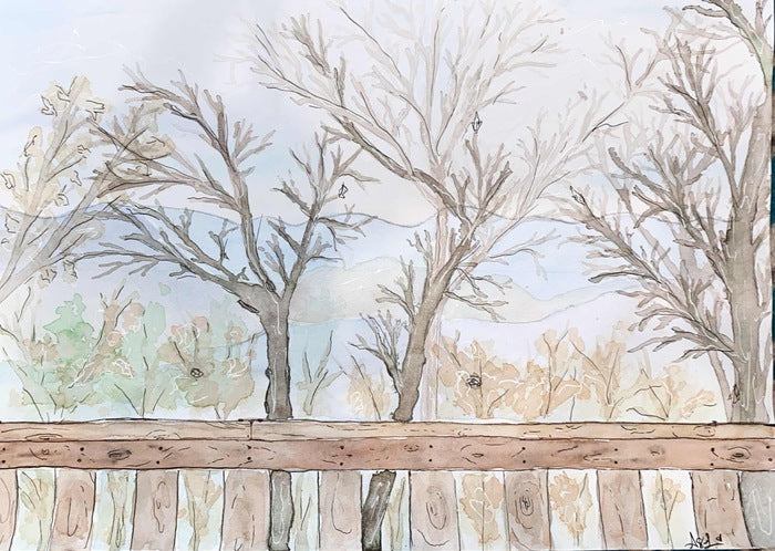 View From Cabin: Elijay, GA, 2021, watercolor, 7 x 10 in. / 17.78 x 25.4 cm.