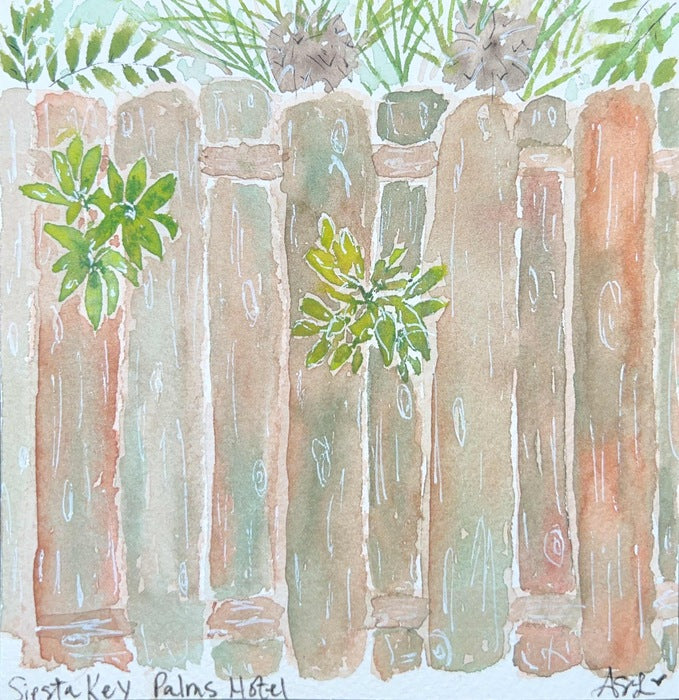 Slatted Paradise, 2022, watercolor, 5 x 5 in. / 12.7 x 12.7 cm.
