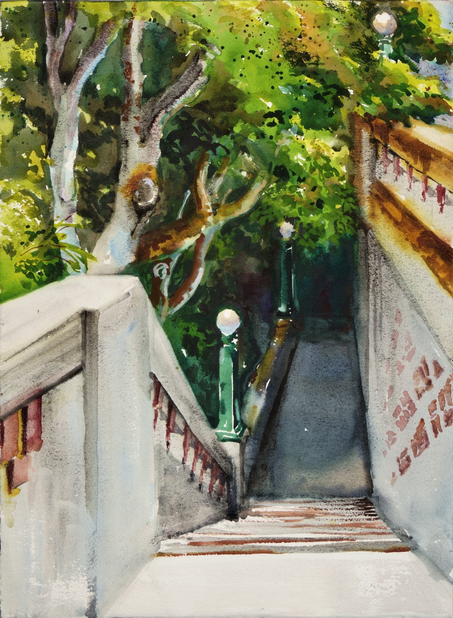 Marshall Park Stairs, 2021, watercolor on paper, 11 x 15 in. / 27.94 x 38.1 cm.