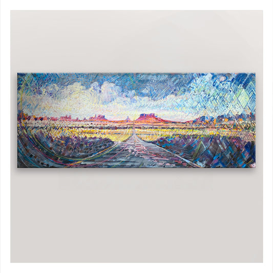 Road of Endless Echoes, 2024, mixed media, 36 x 70 in. / 91.44 x 177.8 cm.