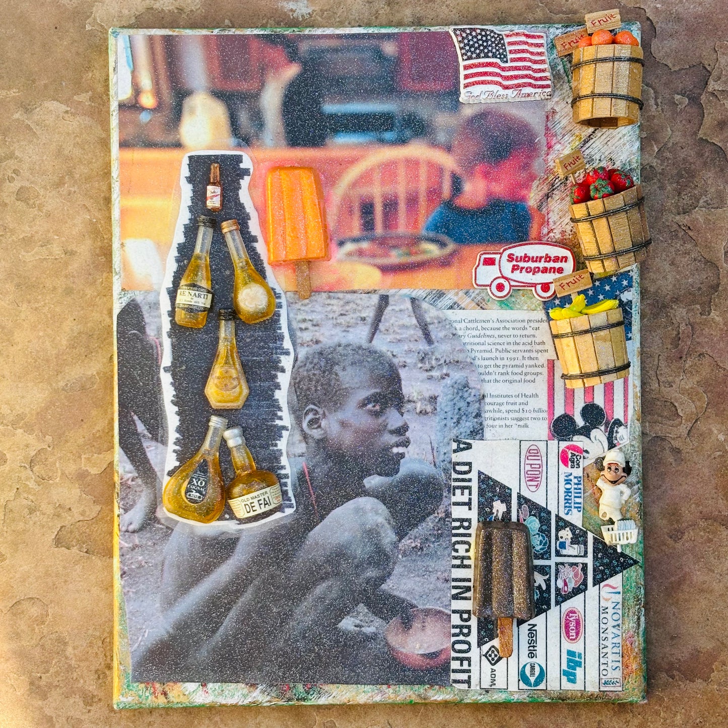 MAY ALL BE FED, 2025, assemblage, 11 x 14 in. / 27.94 x 35.56 cm.