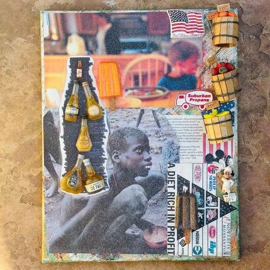 MAY ALL BE FED, 2025, assemblage, 11 x 14 in. / 27.94 x 35.56 cm.