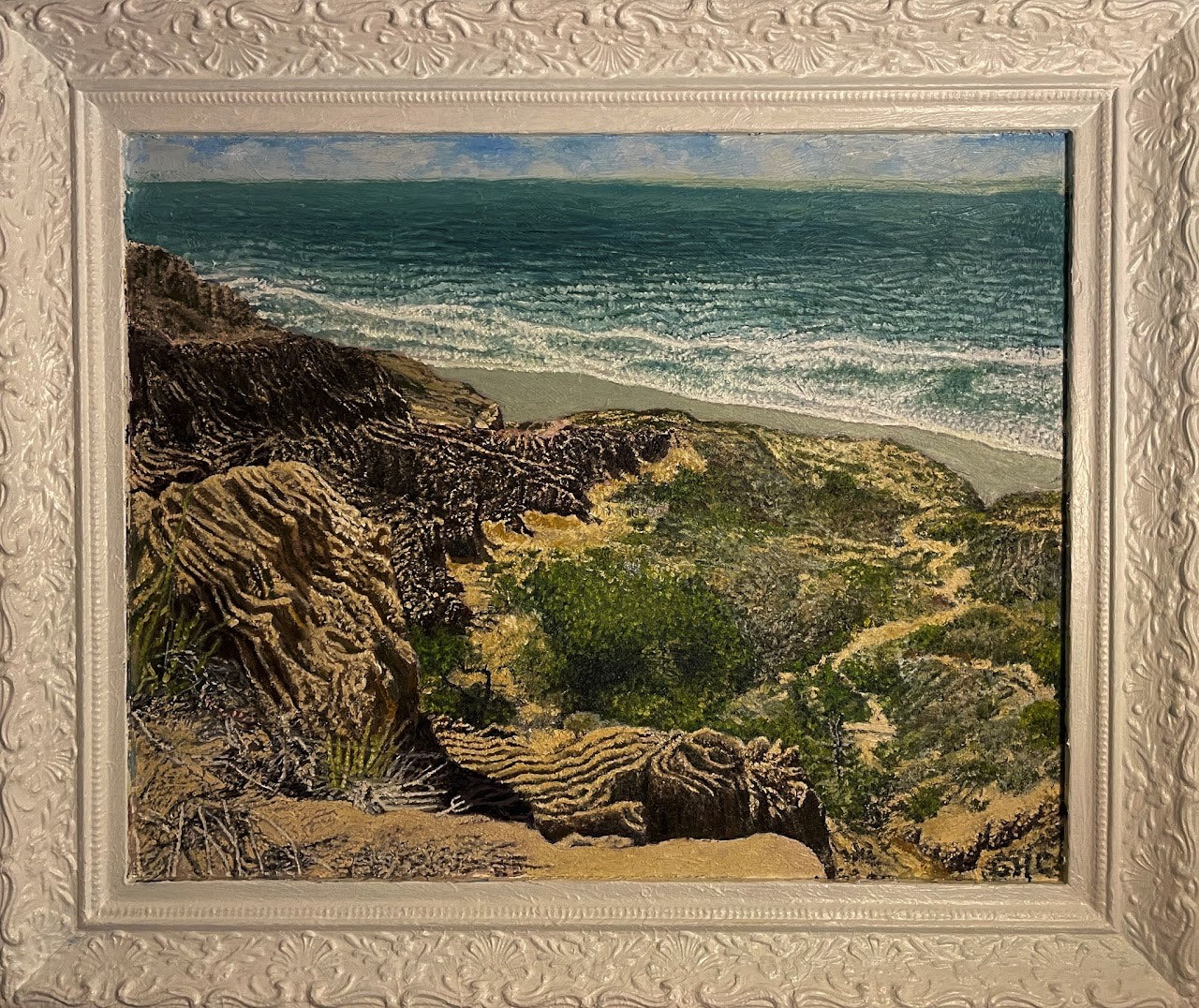Bay Point Formation at Torrey Pines, 2022, oil on glass in frame, 22 x 30 in. / 55.88 x 76.2 cm.