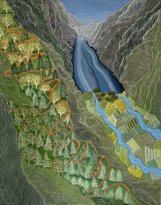 Fjord Farm, 2024, oil on stretched canvas, 18 x 14 in. / 45.72 x 35.56 cm.