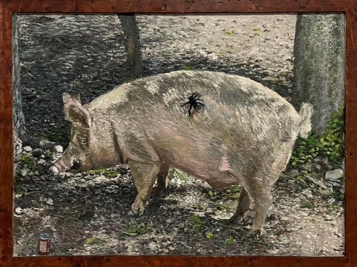 Tarantula and Pig, 2022, oil on glass in frame, 11 x 15 in. / 27.94 x 38.1 cm.