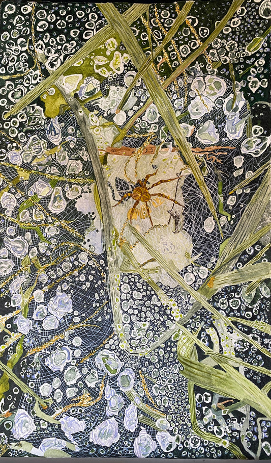 Grass, Web and Raindrops, 2025, watercolor, 19 x 11 in. / 48.26 x 27.94 cm.