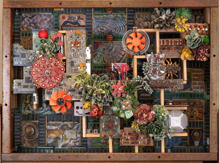 In The Future of the Garden of Good and Evil, 2024, mixed media, 24 x 30 x 10 in. / 60.96 x 60.96 x 25.4 cm.