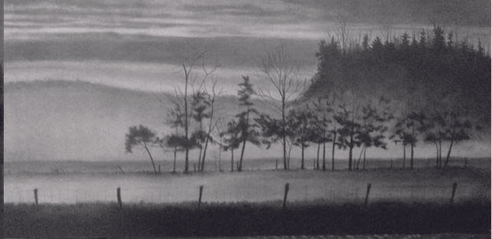 Last Light, 2023, graphite and fumage, 12 x 24 in. / 30.48 x 60.96 cm.