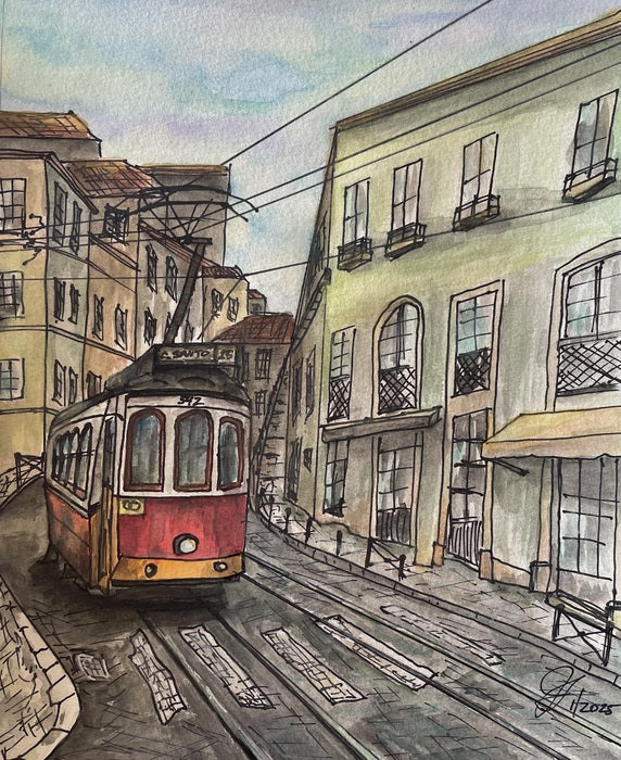 Lisbon Portugal Tram, 2023, pen and watercolors, 8 x 10 in. / 20.32 x 25.4 cm.