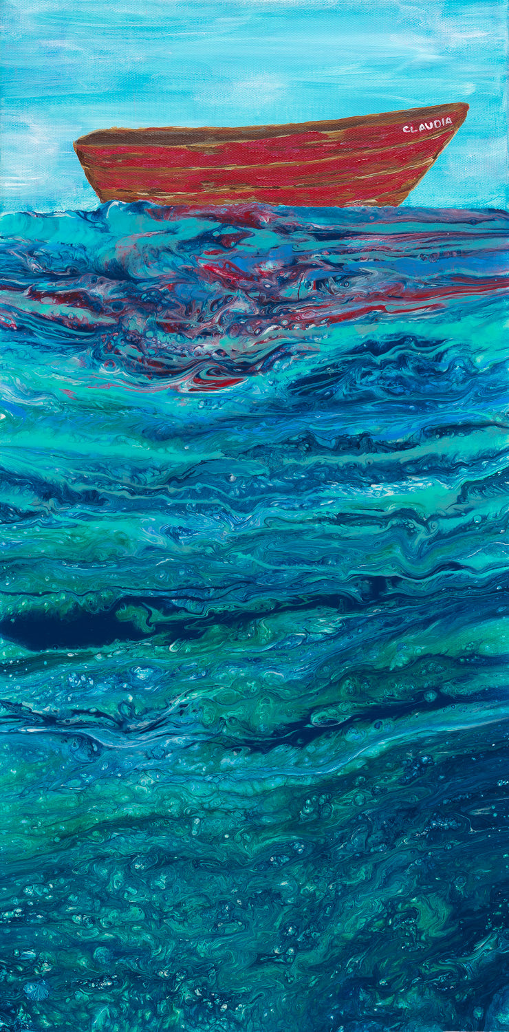 The Little Red Boat, 2023, acrylic, 12 x 24 in. / 30.48 x 60.96 cm.