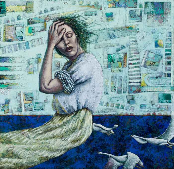 Many Rivers to Cross, But I Can’t Seem to Find my Way, 2022, mixed media on wood panel, 36 x 36 in. / 91.44 x 91.44 cm.