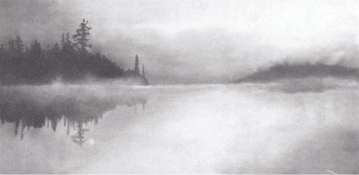 Morning Mist, 2022, graphite and fumage, 12 x 24 in. / 30.48 x 60.96 cm.