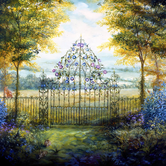 Morning Glory Gate, 2022, oil, 48 x 48 in. / 121.92 x 121.92 cm.