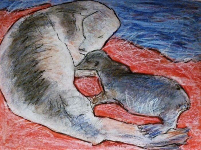 Mother and Child #3 (Galapagos Sea Lions), 2015, mixed media on paper, 12 x 9 in. / 30.48 x 22.86 cm.
