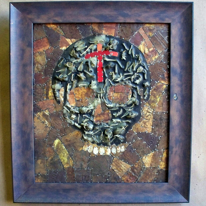 Mouse Skull Retablo, 2020, found materials with wax and mixed media on board, 19 x 22 in. / 48.26 x 55.88 cm.