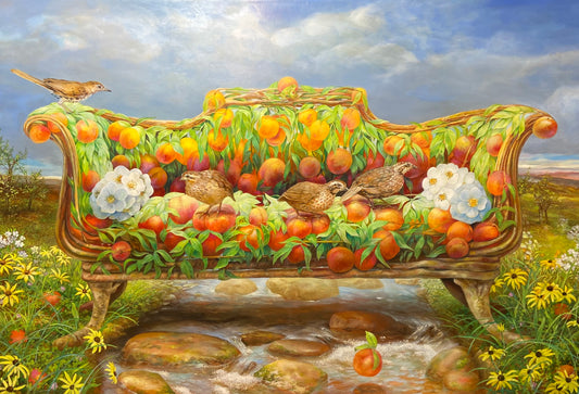 Peach Settee, 2024, oil, 44 x 30 in. / 111.76 x 76.2 cm.