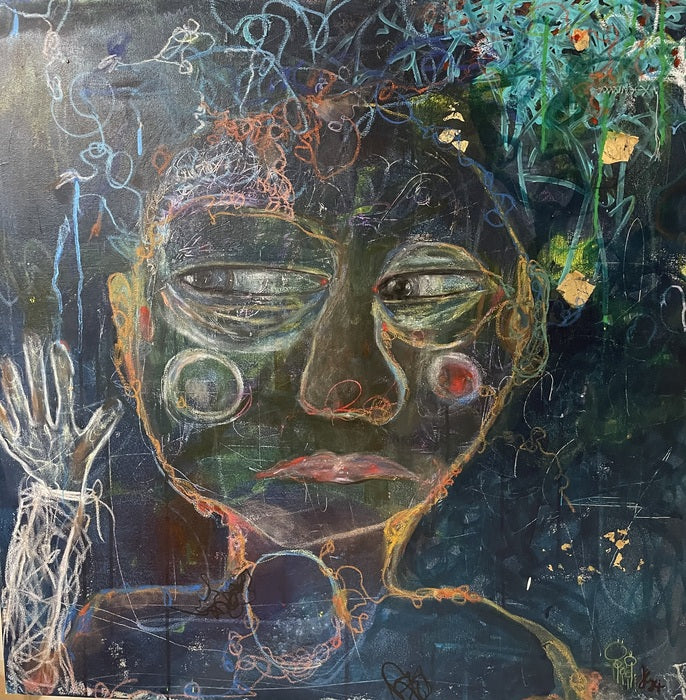 Portrait of the Artist-Neurons on the Outside, 2024, mixed media, 48 x 48 in. / 121.92 x 121.92 cm.
