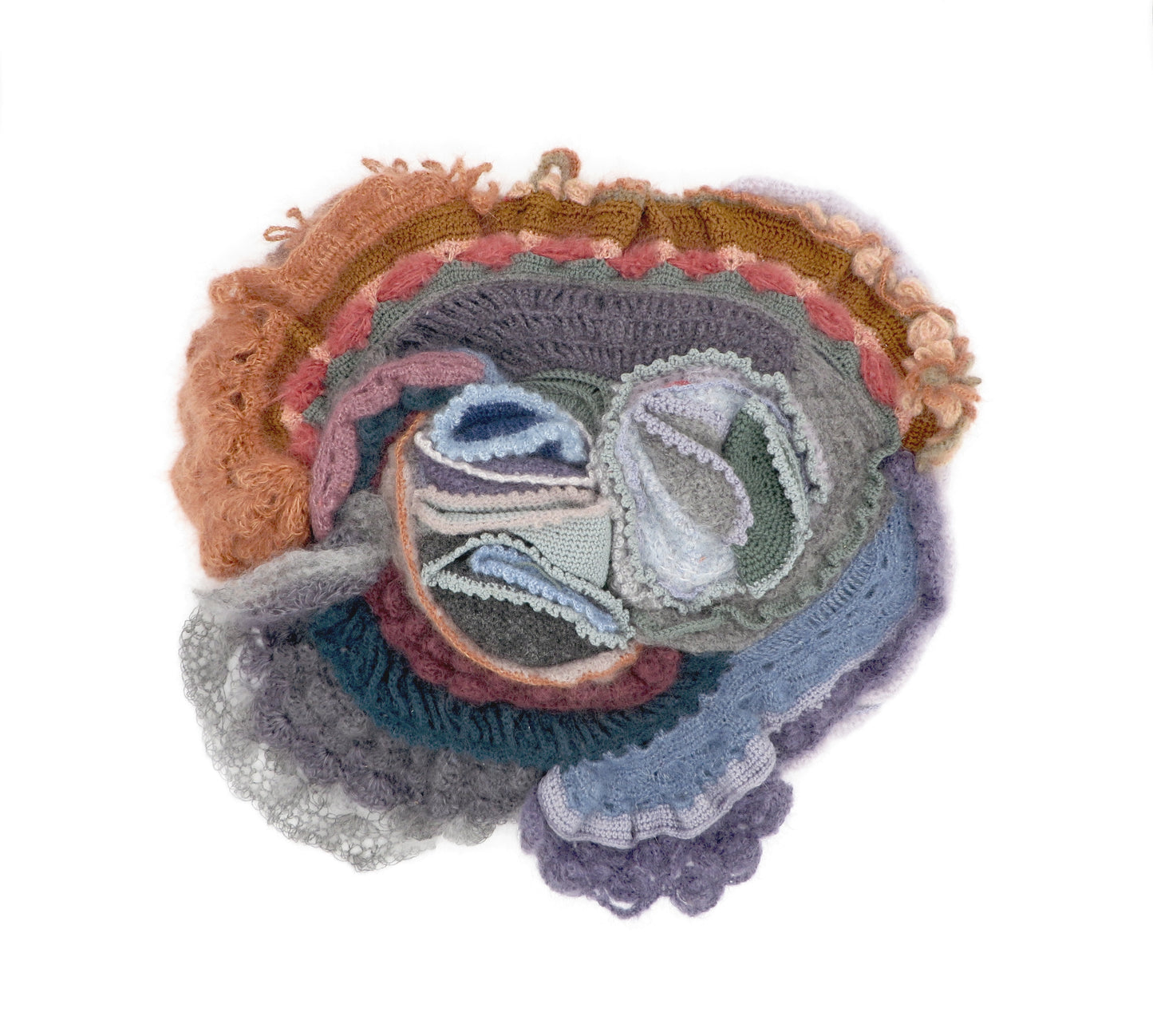 BLUE SHELLS, 2025, yarn and crochet, 20 x 23 in. / 50.8 x 58.42 cm.