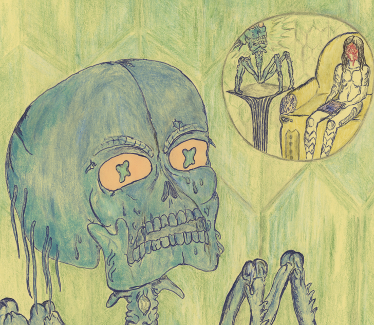 The Pain Salon, 2022, colored pencil on paper, 11 x 8.5 in. / 27.94 x 21.59 cm.