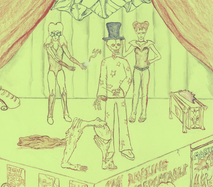 Travelling Spectacle, 2022, colored pencil on paper, 11 x 8.5 in. / 27.94 x 21.59 cm.
