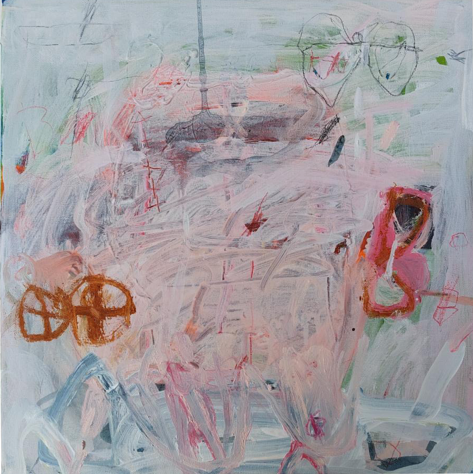 Das Mädchen im Pferch, 2023, mixed media on canvas, 15.75 x 15.75 in. / 40.005 x 40.005 cm.