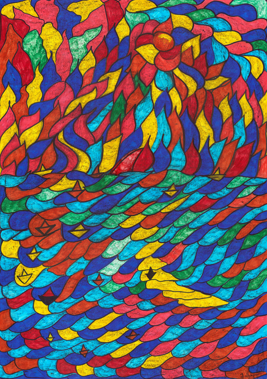 Sunrise, 2019, ink, watercolor markers, and pencils on paper, 61 x 86 cm. / 24.0157 x 33.8583 in.