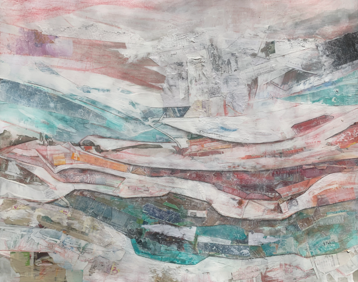 The Tale of a Winter Sky as Told by Reflections in Newly Fallen Snow, 2023, mixed media, 19 x 24 in. / 48.26 x 60.96 cm.