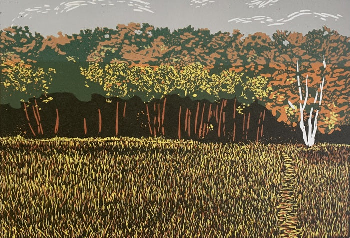 Sleeping Bear, 2021, color reduction linocut, 5 x 7 in. / 12.7 x 17.78 cm.