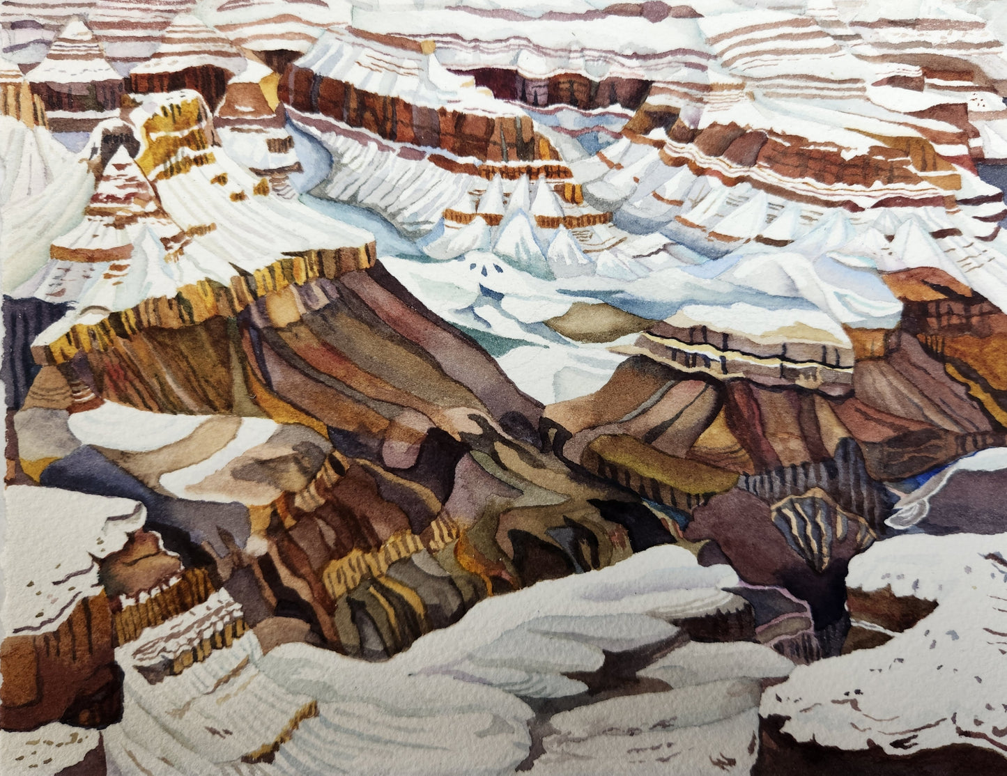 Snow Puzzle (Grand Canyon NP), 2024, watercolor, 12 x 14 in. / 30.48 x 35.56 cm.