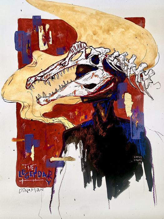 The Legendary Dinoman, 2024, mixed media on paper, 70 x 50 in. / 177.8 x 127 cm.