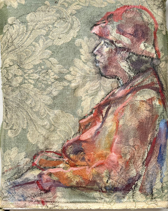 The Red Hat, 2023, oil on canvas fabric, 12 x 9 in. / 30.48 x 22.86 cm.