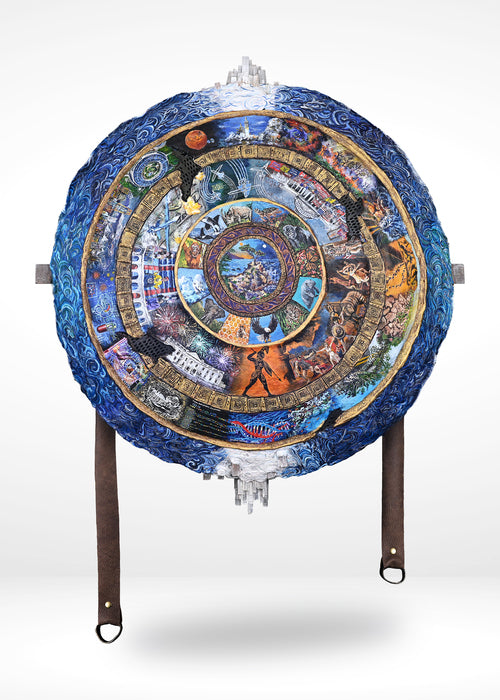 The Shield of Achilles, 2021, clay, 54 x 40 x 5 in. / 137.16 x 101.6 x 12.7 cm.