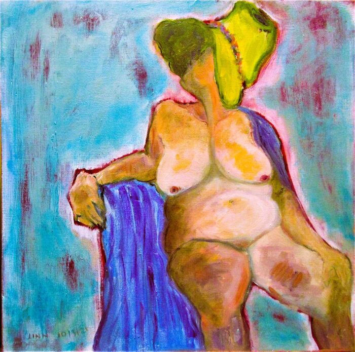 The Yellow Hat (Big Hat, Big Woman), 2021, oil on canvas, 24 x 24 in. / 60.96 x 60.96 cm.